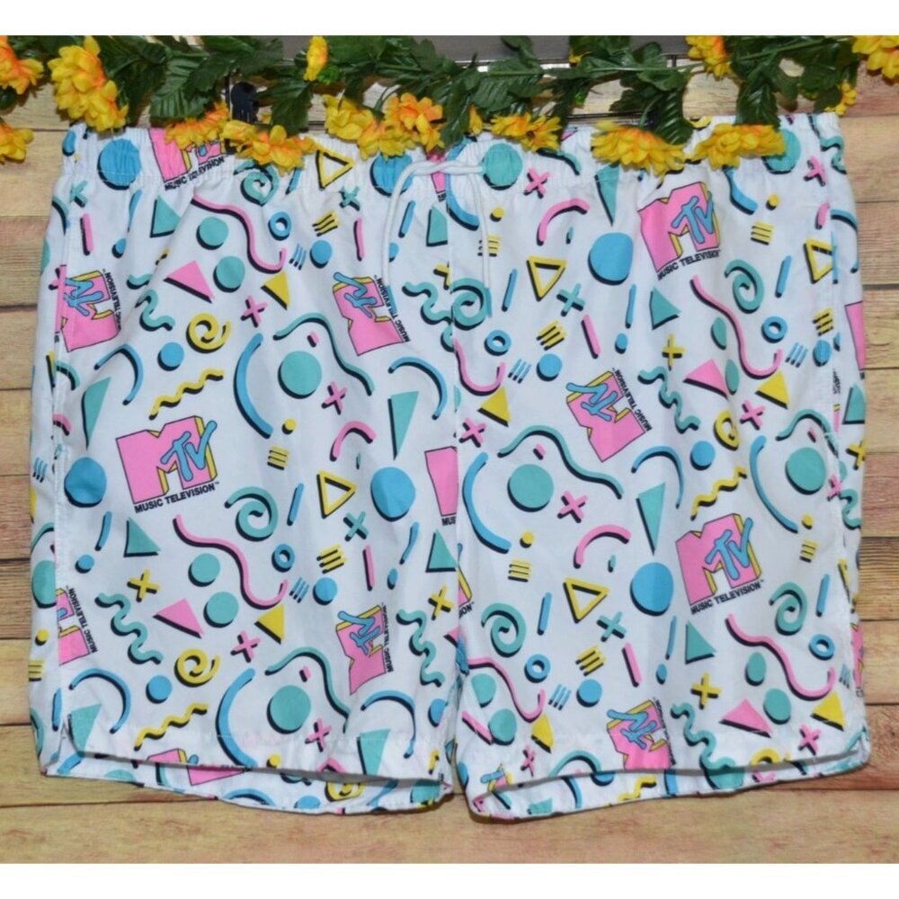 MTV Men's White Swimming Trunks Shorts XXL Retro 80's Tie Up Elastic Waist